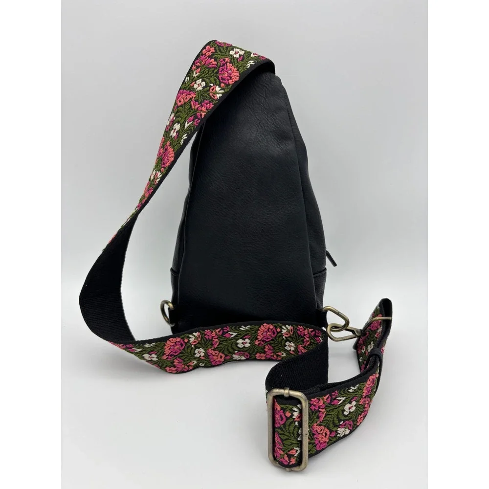 ANTIK KRAFT Black Vegan Leather Crossbody Sling Bag Floral Strap Embroidered